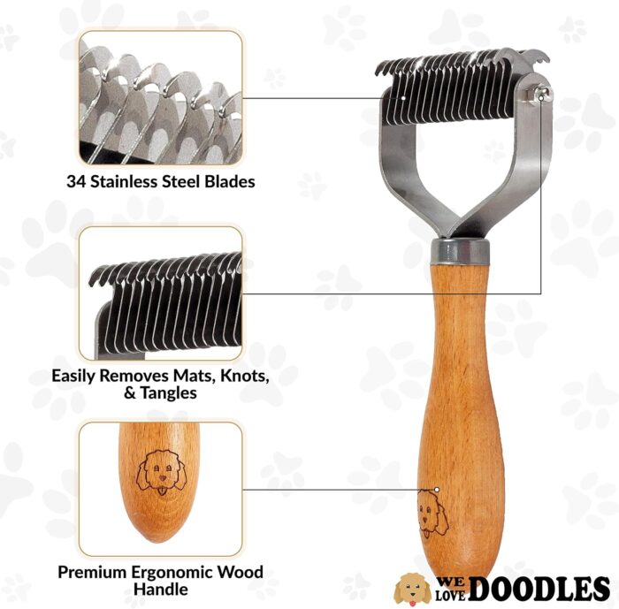 Pet Dematting Comb for Dogs and Cats with Wood Handle, Deshedding Undercoat Rake for Dogs with Stainless Steel Blades, Dog Comb for Detangling Thinning and Shedding, All Hair Types [We Love Doodles] - Image 6