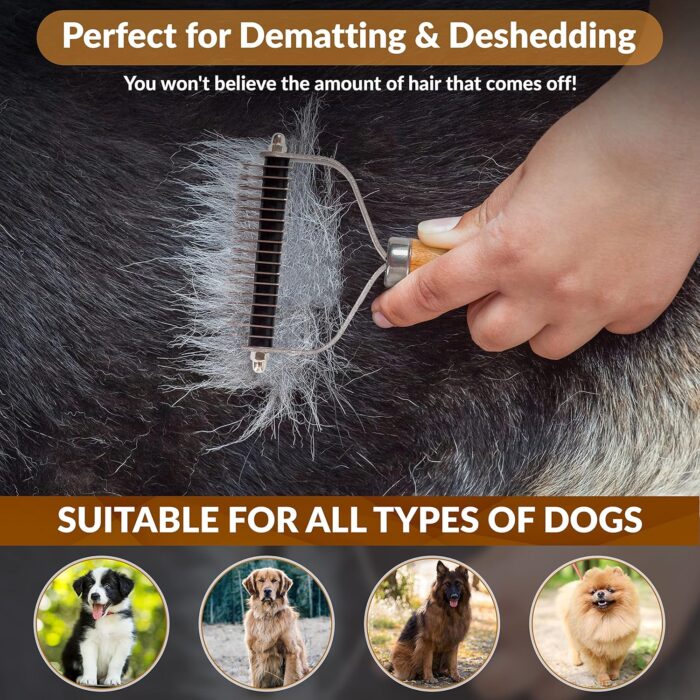 Pet Dematting Comb for Dogs and Cats with Wood Handle, Deshedding Undercoat Rake for Dogs with Stainless Steel Blades, Dog Comb for Detangling Thinning and Shedding, All Hair Types [We Love Doodles] - Image 5