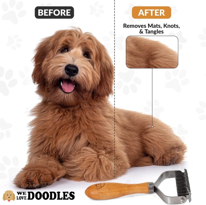 Pet Dematting Comb for Dogs and Cats with Wood Handle, Deshedding Undercoat Rake for Dogs with Stainless Steel Blades, Dog Comb for Detangling Thinning and Shedding, All Hair Types [We Love Doodles] - Image 4