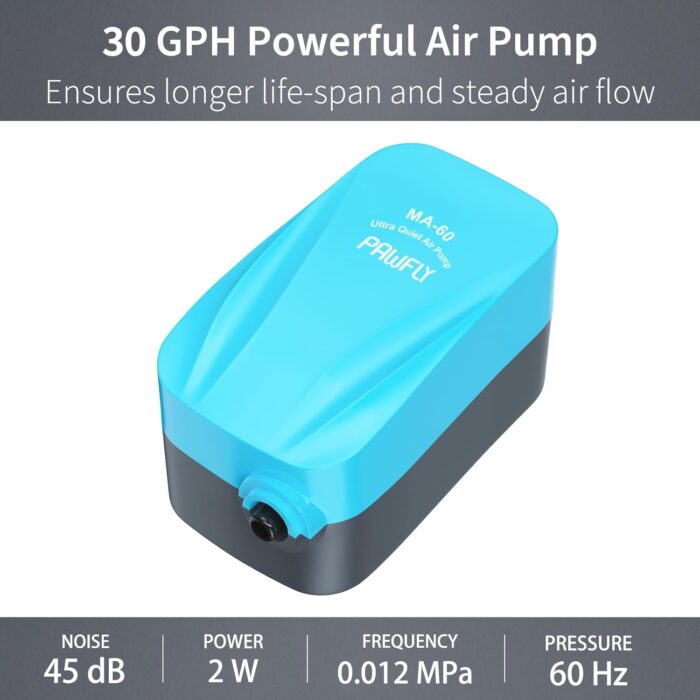 Pawfly Aquarium 15-40 GPH Compact Air Pump Quiet Oxygen Aerator Pump with Air Stone/Nano Bio Sponge Filter Airline Tubing and Check Valve Accessories for 3-20 Gallon Buckets and Fish Tanks - Image 5