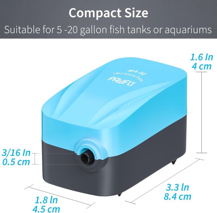 Pawfly Aquarium 15-40 GPH Compact Air Pump Quiet Oxygen Aerator Pump with Air Stone/Nano Bio Sponge Filter Airline Tubing and Check Valve Accessories for 3-20 Gallon Buckets and Fish Tanks - Image 6