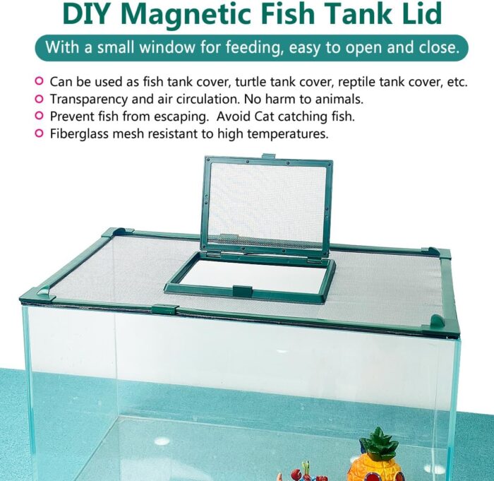 Magnetic Fish Tank Cover with Feeding Window Green Frame Grey Fiberglass Mesh, DIY Magnetic Fish Tank Lid 39"x19"(100x50CM), Preventing Fish from Jumping Out The Size can be Adjusted Smaller - Image 7