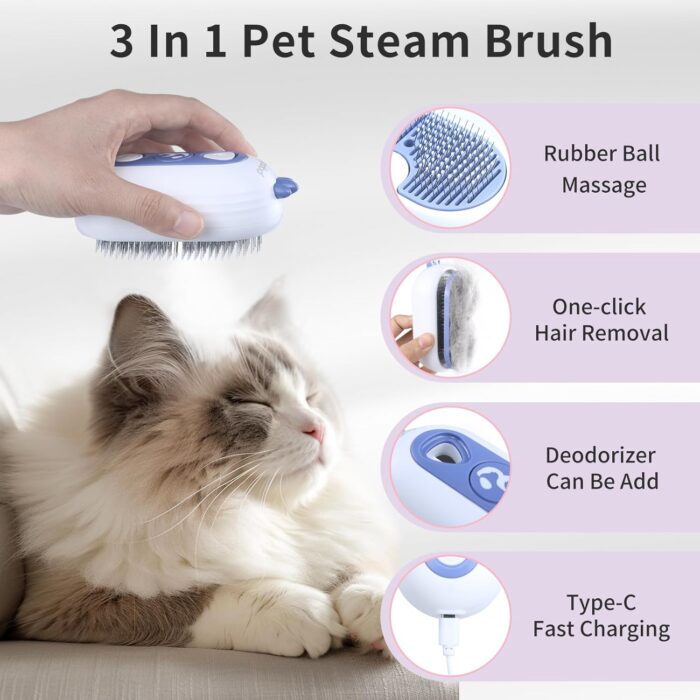 Cat Steam Brush, 3 In 1 Cat Grooming Brush for Shedding, Self-Cleaning Dog Grooming, Steamy Pet Hair Removal Comb with Water Tank Anti-Static - Image 2