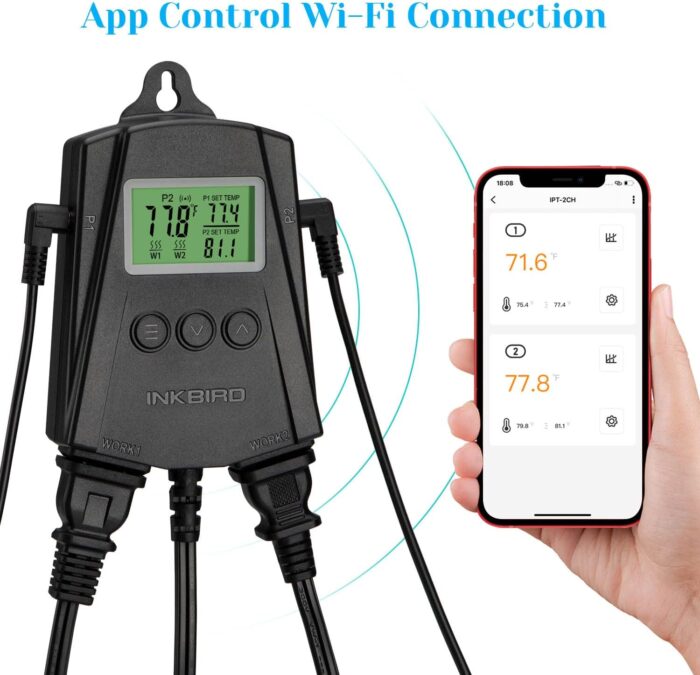 Inkbird WiFi Heat Mat Reptile Thermostat Controller Temperature Controller with 2 Probes and 2 Outlets, IPT-2CH Reptiles Heat Mat Thermostat (Max 250W per Outlet)