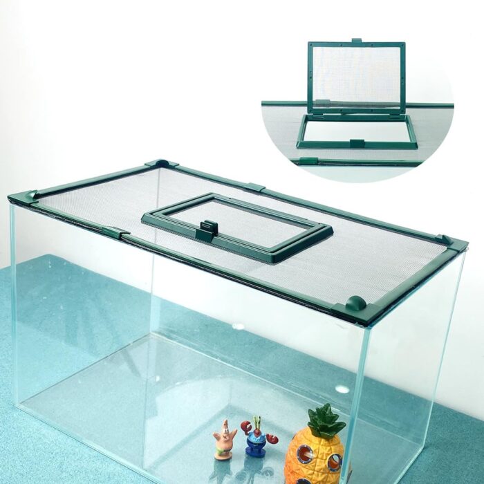Magnetic Fish Tank Cover with Feeding Window Green Frame Grey Fiberglass Mesh, DIY Magnetic Fish Tank Lid 39"x19"(100x50CM), Preventing Fish from Jumping Out The Size can be Adjusted Smaller