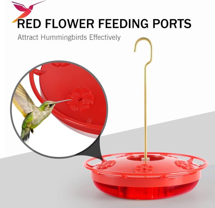 eWonLife Hummingbird Feeder for Outdoors, 2 Pack, Leak-Proof, Easy to Clean and Refill, Saucer Humming Bird Feeder Plastic, Including Hanging Hook, with 5 Feeding Ports (16 Ounce/Pack) - Image 6