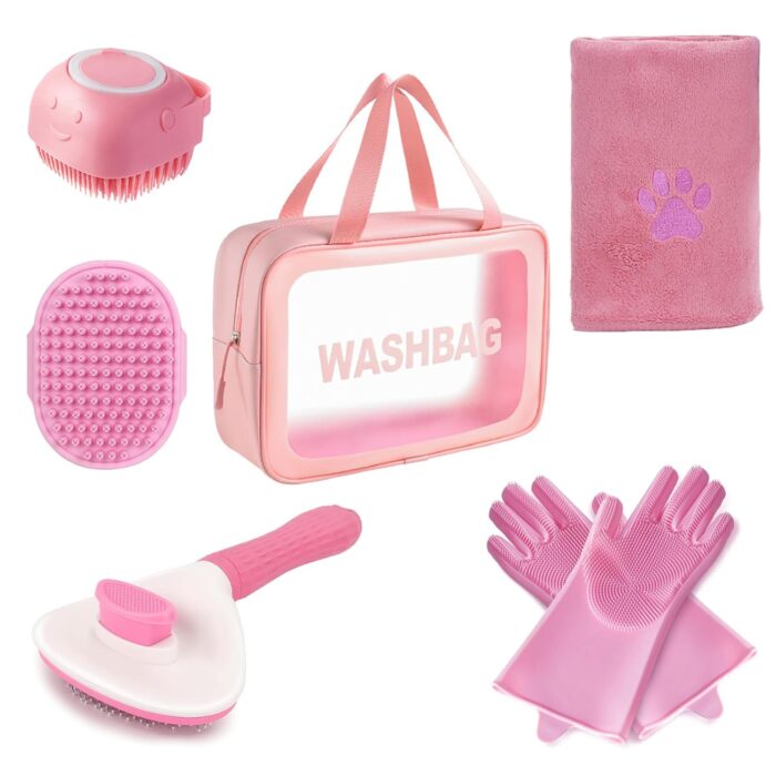 6 in 1 Pink Pet Bath Supplies with Dog & Cat Shedding Brush, Dog Shampoo Brush, Bath Scrubber,Washing Gloves, 39.7" × 20.5" Towel and Big Toiletry Bag.