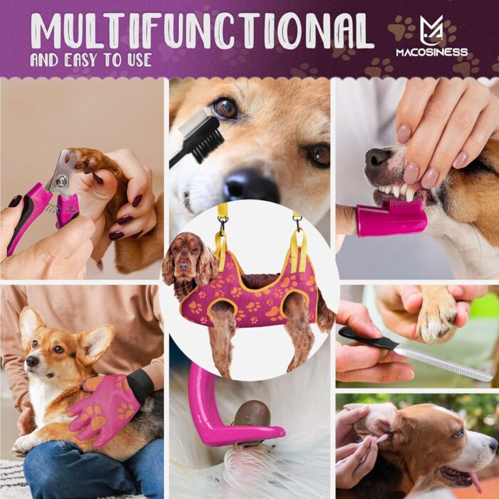 Pet Grooming Hammock for Nail Trimming - Complete Groomers Helper Set for Pet - Dog Grooming Hammock with Hook - Cat Nail Clipper - Dog Hammock for Nail Clipping (L, Purple with Gold Paws) - Image 2