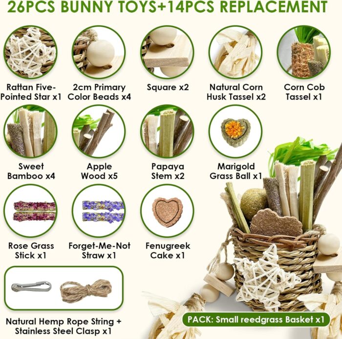 40PCS Rabbit Toys For Bunnies Boredom Basket for Small Pets, With 14PCS Replacement Pack Hanging Rodent Dental Toys with Papaya Stems Sweet Bamboo (Hamsters, Rabbits, Chinchillas, Guinea Pigs) - Image 2