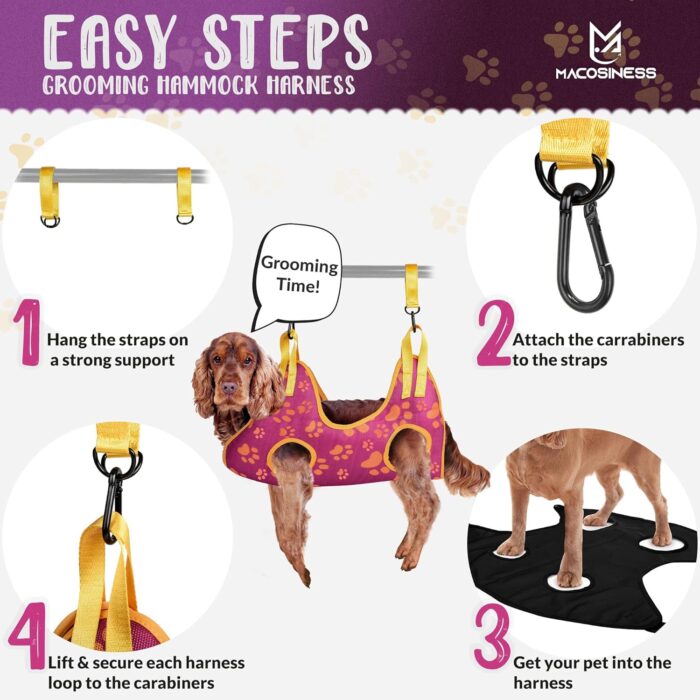 Pet Grooming Hammock for Nail Trimming - Complete Groomers Helper Set for Pet - Dog Grooming Hammock with Hook - Cat Nail Clipper - Dog Hammock for Nail Clipping (L, Purple with Gold Paws) - Image 9