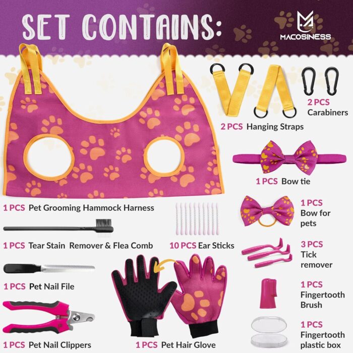 Pet Grooming Hammock for Nail Trimming - Complete Groomers Helper Set for Pet - Dog Grooming Hammock with Hook - Cat Nail Clipper - Dog Hammock for Nail Clipping (L, Purple with Gold Paws) - Image 5