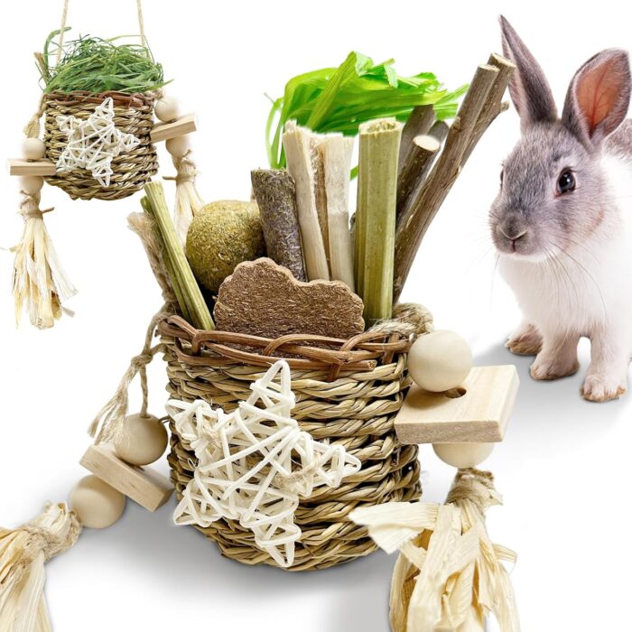 40PCS Rabbit Toys For Bunnies Boredom Basket for Small Pets, With 14PCS Replacement Pack Hanging Rodent Dental Toys with Papaya Stems Sweet Bamboo (Hamsters, Rabbits, Chinchillas, Guinea Pigs)