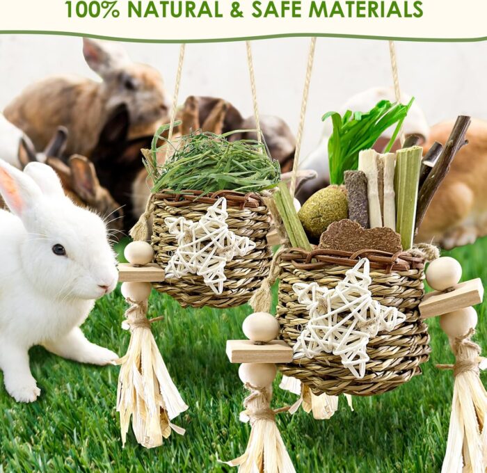 40PCS Rabbit Toys For Bunnies Boredom Basket for Small Pets, With 14PCS Replacement Pack Hanging Rodent Dental Toys with Papaya Stems Sweet Bamboo (Hamsters, Rabbits, Chinchillas, Guinea Pigs) - Image 3