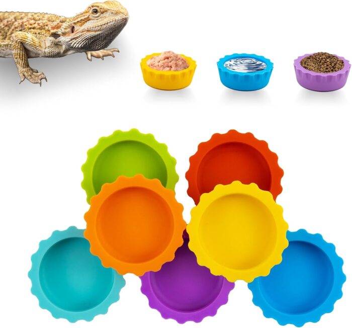 7 Pack Crested Gecko Food and Water Bowl, Eudimysx Reusable Small Reptile Feeding Dish, Gecko Tank Accessories for Hermit Crab, Tarantula, Isopods and Lizard, Silicone Easy Clean & 7 Colors