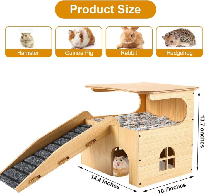Wooden Guinea Pig Castle Hideout,Enlarged Guinea Pig Castle,Wooden Hamster House with Stairs & Mat,Long-Lasting Small Pet Bed for Piggies Chinchilla Rat Hamster - Image 7