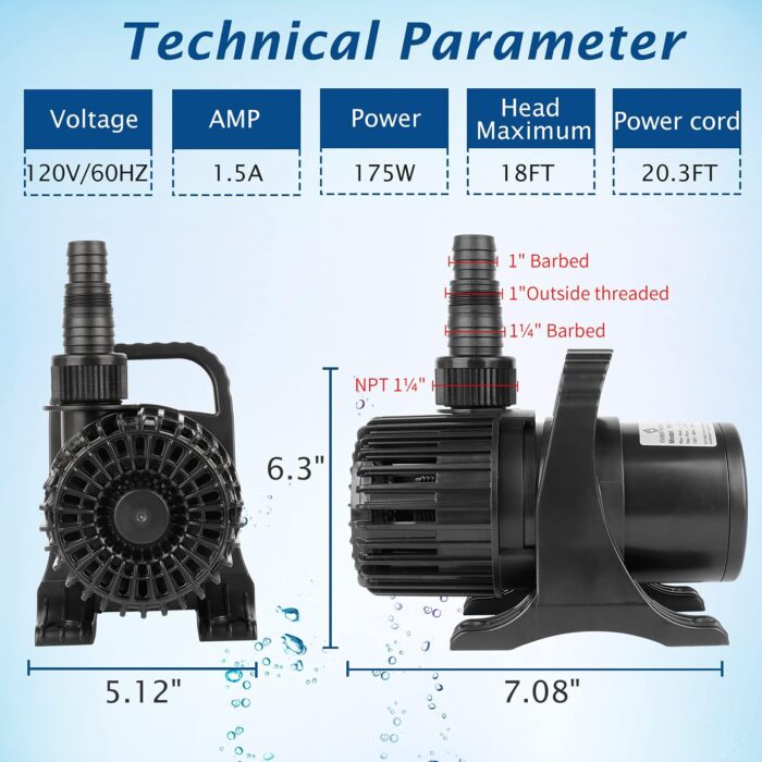 (3200GPH-175W,UL listed) High Flow Large Fountain Submersible Water Pond Sump Pump Aquarium Electric Waterfall Pump Outdoor PS-3200 - Image 9