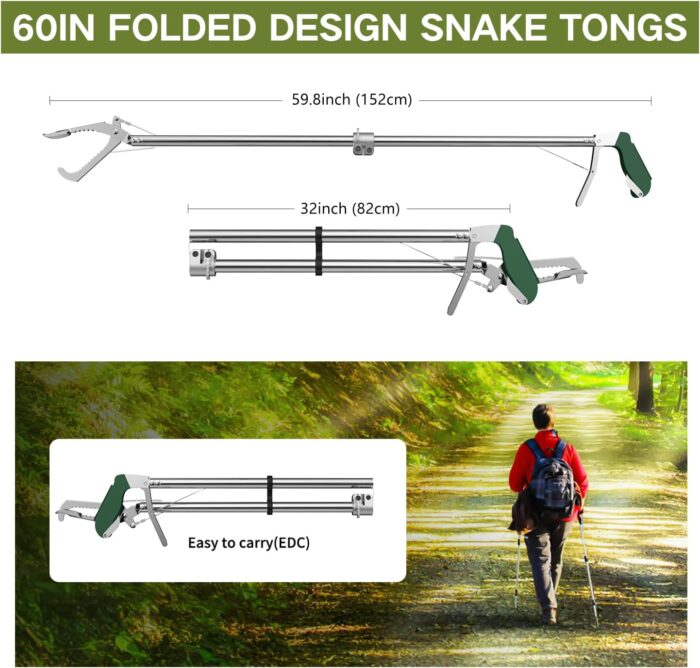 60“ Snake Tongs Collapsible Grabber, Professional Reptile Snake Catcher Wide Jaw Handling Tool, Stainless Steel Snake Hook - Image 6