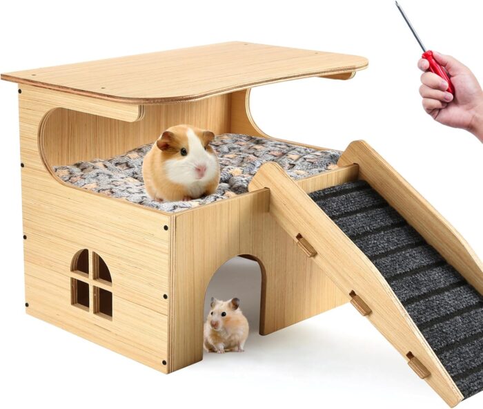 Wooden Guinea Pig Castle Hideout,Enlarged Guinea Pig Castle,Wooden Hamster House with Stairs & Mat,Long-Lasting Small Pet Bed for Piggies Chinchilla Rat Hamster