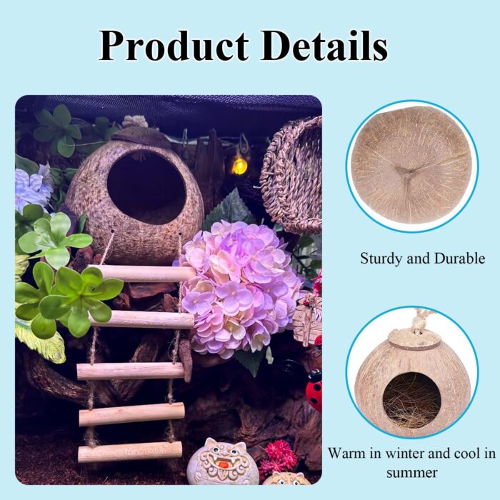 Crested Gecko Tank Accessories，Reptile Vines Plants with Coconut Shell Ladder Hideout Hermit Crab Decor for Bearded Dragon Lizard Chameleon Tortoise Snake - Image 6