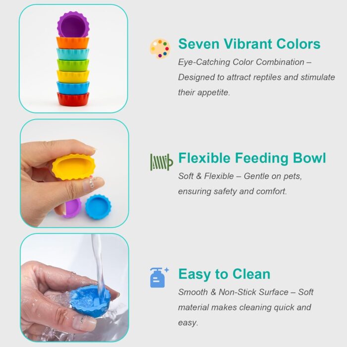 7 Pack Crested Gecko Food and Water Bowl, Eudimysx Reusable Small Reptile Feeding Dish, Gecko Tank Accessories for Hermit Crab, Tarantula, Isopods and Lizard, Silicone Easy Clean & 7 Colors - Image 4