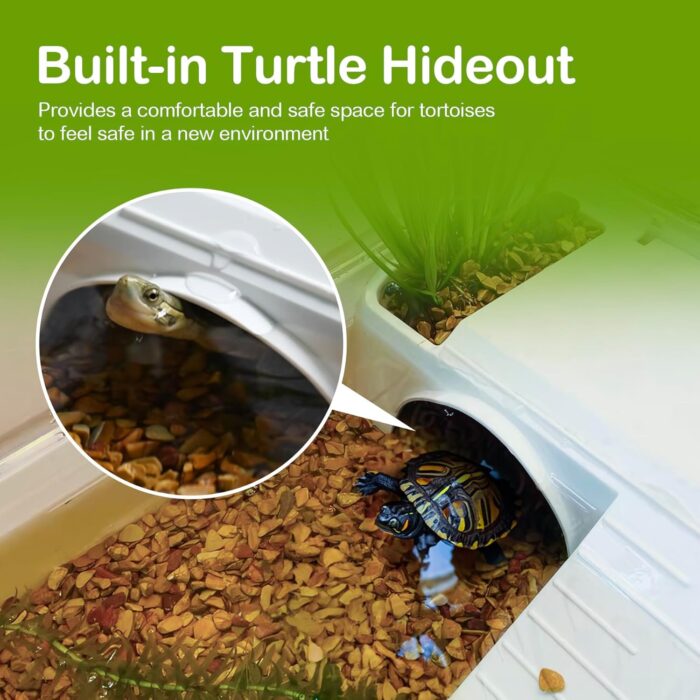 Turtle Tank Habitat Kit,Aquatic Tortoise Enclosure Starter Aquarium with Multi-Function Area,Hideout,UV Basking Platform Light,Water Filter,Fish Net,Drainage,Plant for Turtle Reptile Crab - Image 3