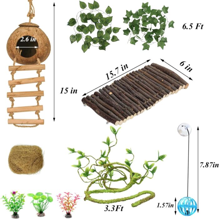 Crested Gecko Tank Accessories，Reptile Vines Plants with Coconut Shell Ladder Hideout Hermit Crab Decor for Bearded Dragon Lizard Chameleon Tortoise Snake - Image 7