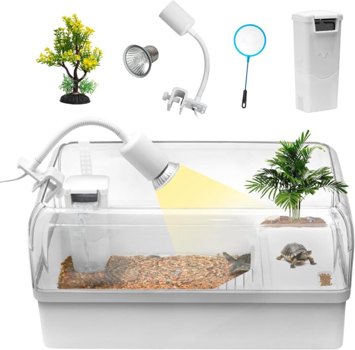 Turtle Tank Habitat Kit,Aquatic Tortoise Enclosure Starter Aquarium with Multi-Function Area,Hideout,UV Basking Platform Light,Water Filter,Fish Net,Drainage,Plant for Turtle Reptile Crab