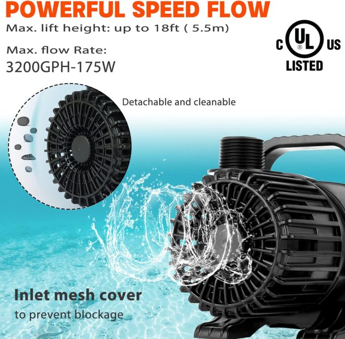 (3200GPH-175W,UL listed) High Flow Large Fountain Submersible Water Pond Sump Pump Aquarium Electric Waterfall Pump Outdoor PS-3200 - Image 2