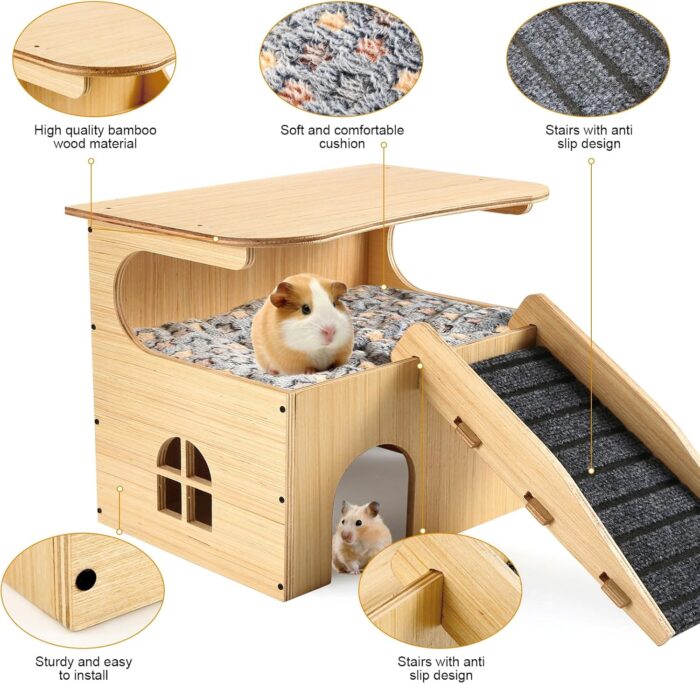 Wooden Guinea Pig Castle Hideout,Enlarged Guinea Pig Castle,Wooden Hamster House with Stairs & Mat,Long-Lasting Small Pet Bed for Piggies Chinchilla Rat Hamster - Image 2