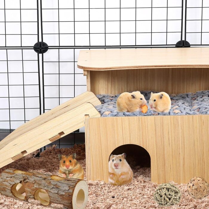 Wooden Guinea Pig Castle Hideout,Enlarged Guinea Pig Castle,Wooden Hamster House with Stairs & Mat,Long-Lasting Small Pet Bed for Piggies Chinchilla Rat Hamster - Image 6